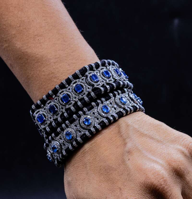 Handmade Blue Sapphire Pave Diamond Bracelet in 925 Sterling Silver - Image 3