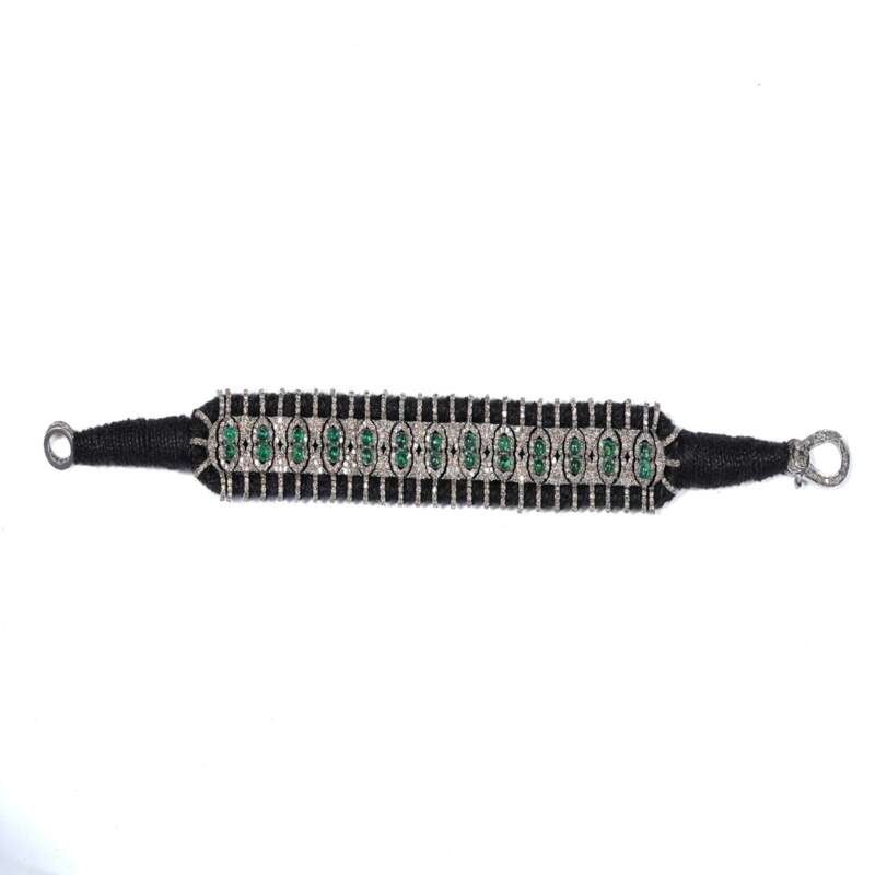 Handmade Zambian Emerald Pave Diamond Bracelet in 925 Sterling Silver - Image 3