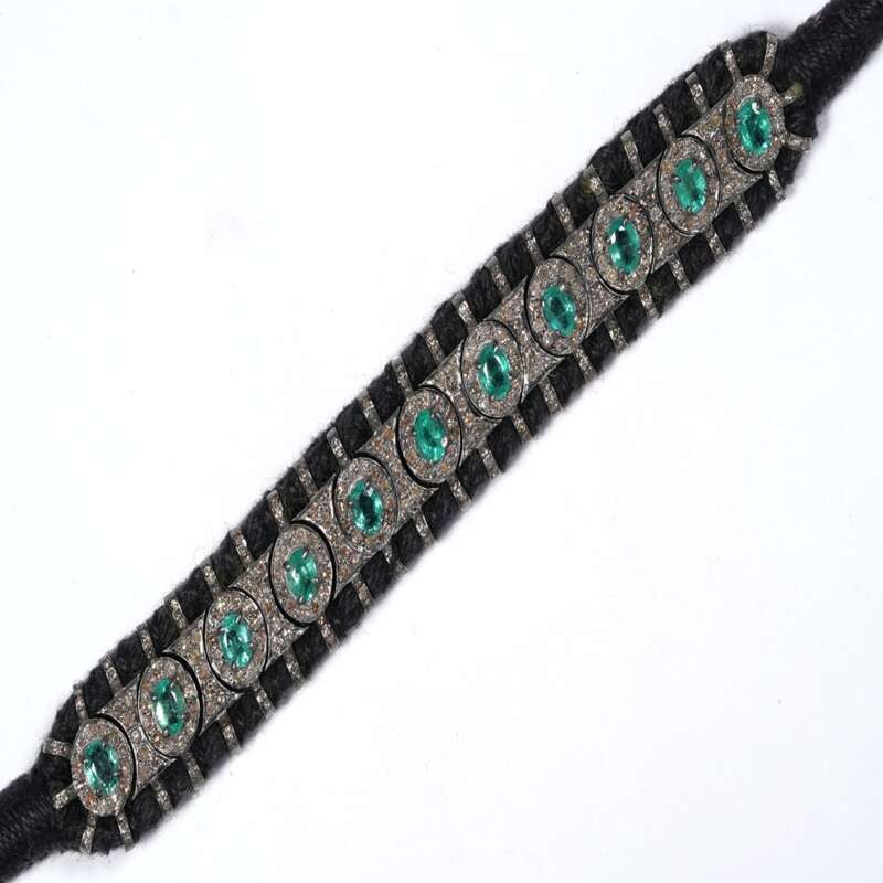 Handmade Emerald Pave Diamond Bracelet in 925 Sterling Silver - Image 2