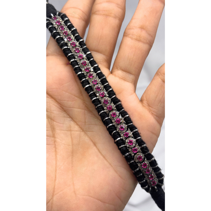 Handmade Ruby, Pave Diamond Bracelet in 925 Sterling Silver - Image 2