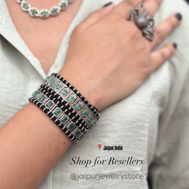 Handmade Emerald Pave Diamond Bracelet in 925 Sterling Silver - Image 2