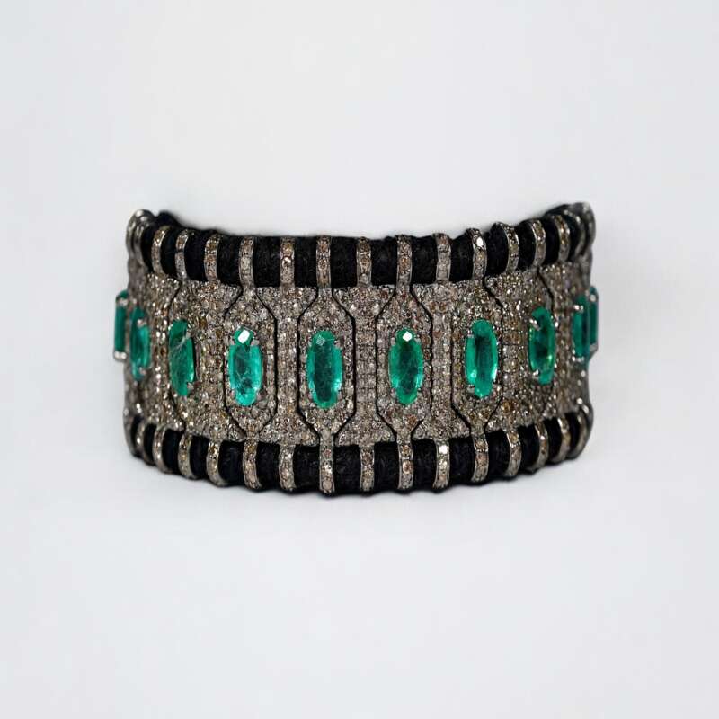 Handmade Emerald Pave Diamond Bracelet in 925 Sterling Silver