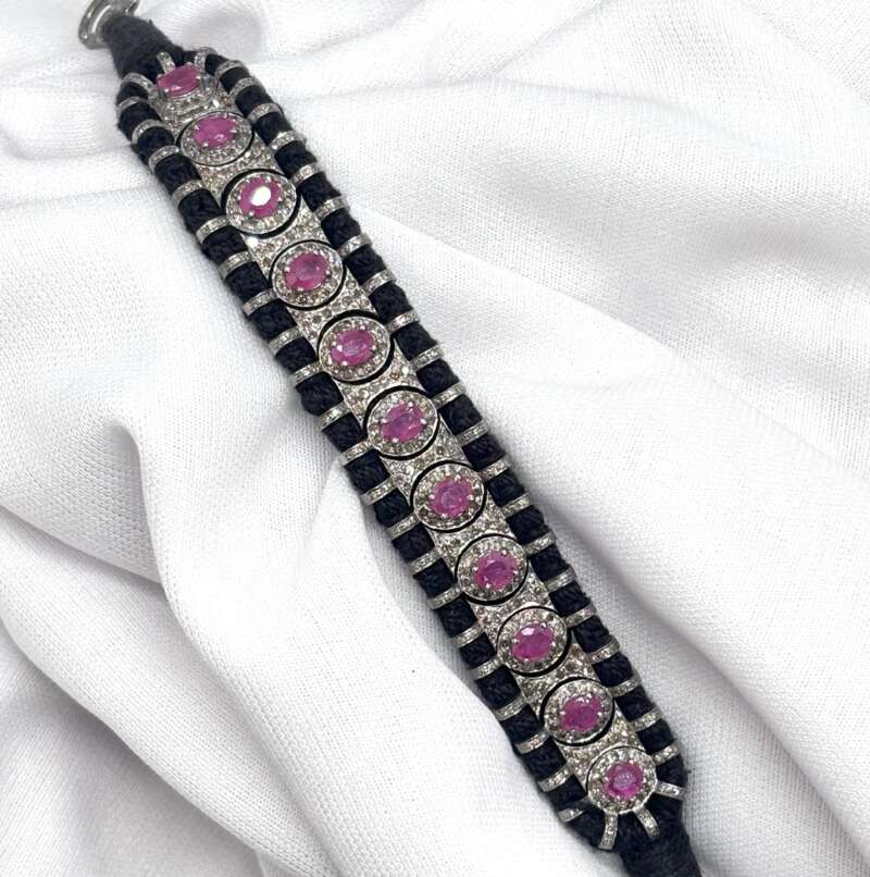 Handmade Ruby Pave Diamond Bracelet in 925 Sterling Silver